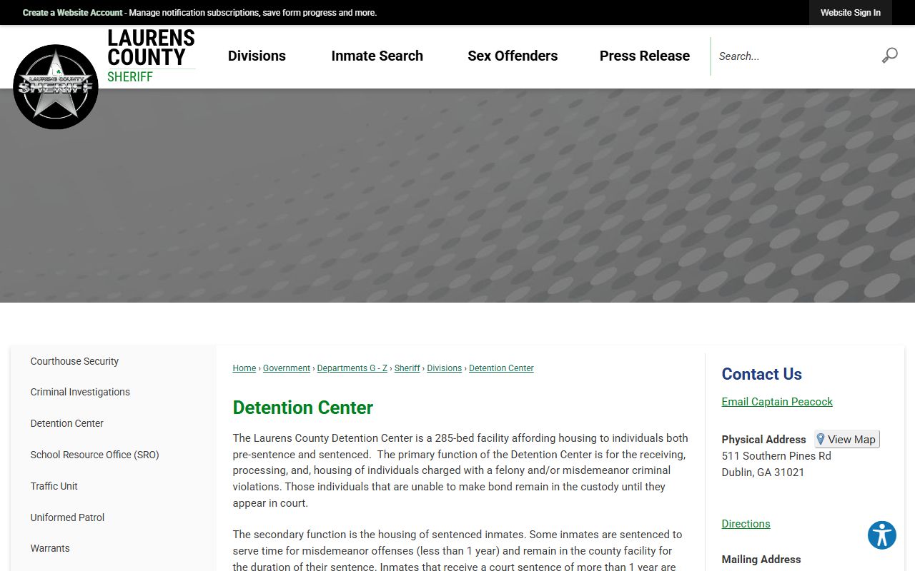 Laurens County Detention Center facility page with inmate lookup and contact details